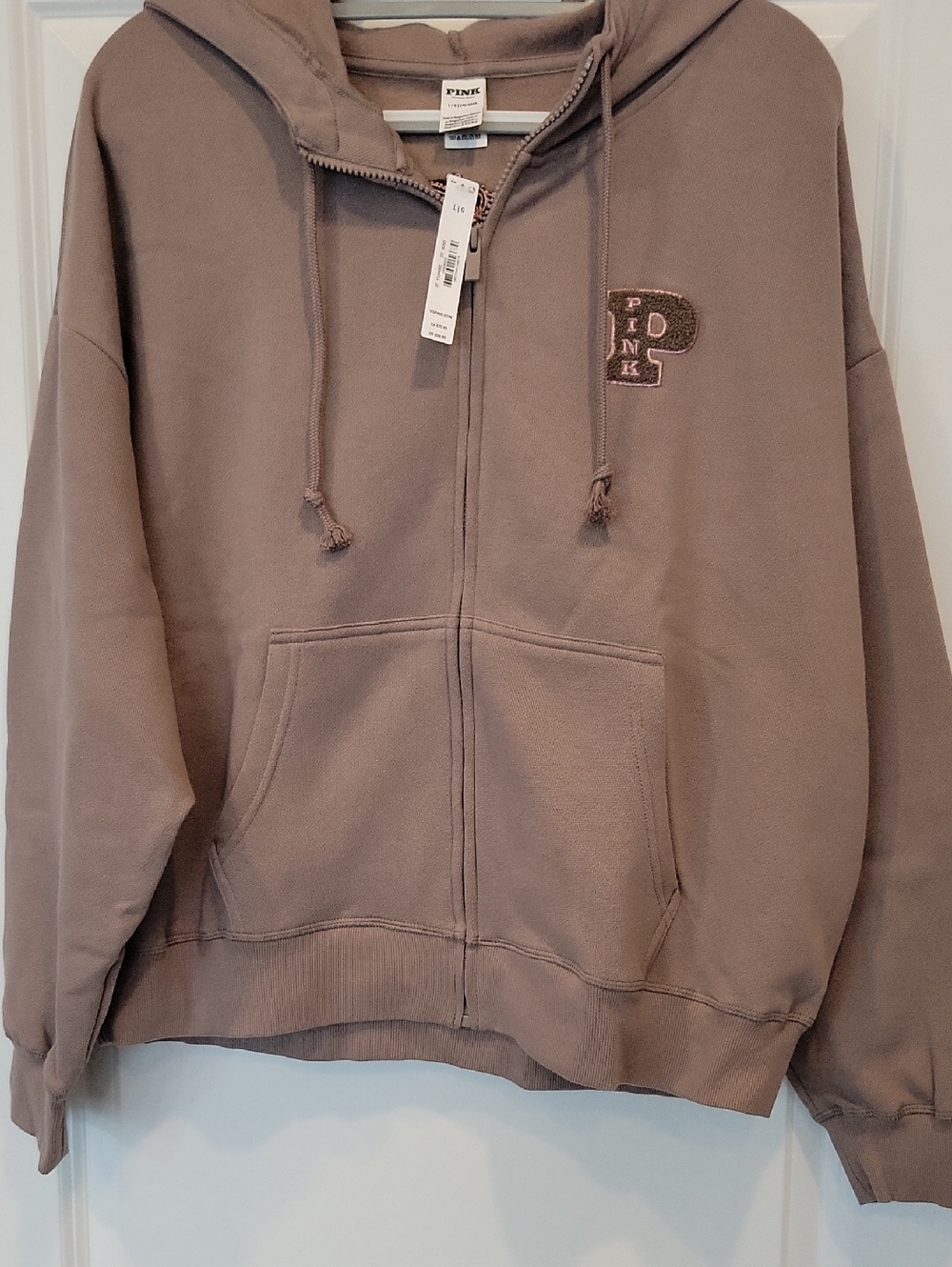 PINK Victoria's Secret Ivy Fleece Campus Full Zip Hoodie Taupe Brown Large NWT - Picture 8 of 11